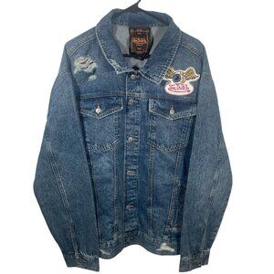 New Von Dutch Distressed Denim Jacket Mens 3X Blue Flying Eyeball Button Up NWT
